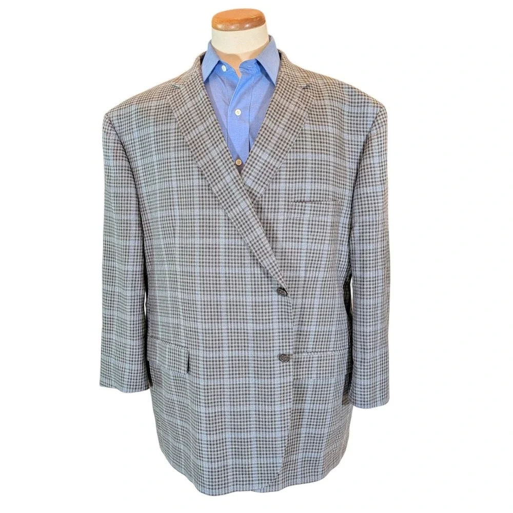 Ralph Lauren Executive‎ Silk Wool Glen Plaid Sport Coat Blazer Grey Blue 54R